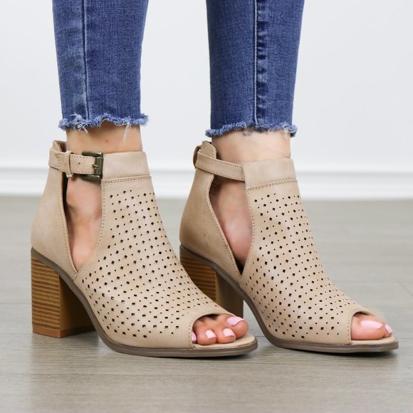Shoes - Peep Toe Taupe Faux Leather Heeled Ankle Booties